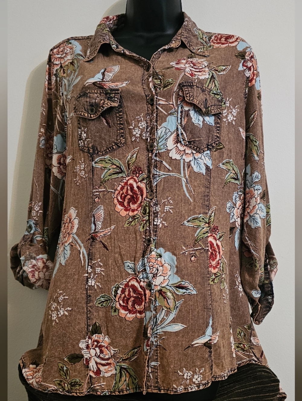 Lola P Brown Floral Button-Up Shirt with Blue and Pink Blooms